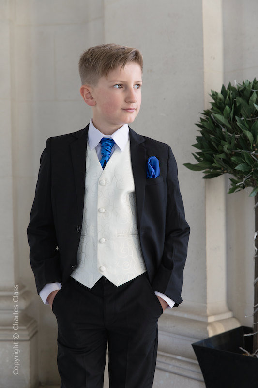 Boys Black & Ivory Suit with Royal Blue Cravat Set - Roland
